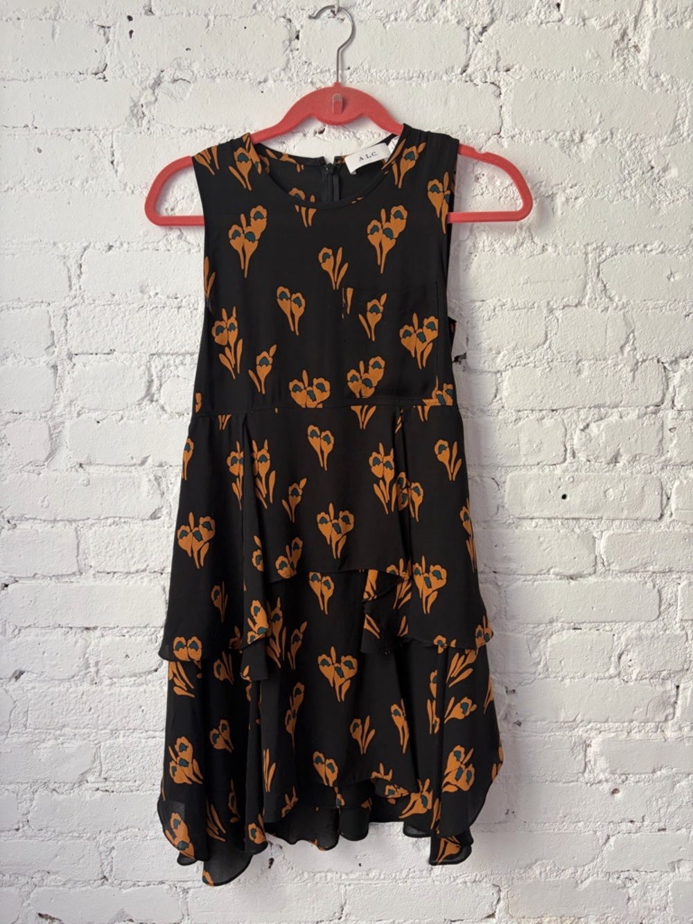A.L.C. 100% Silk Black Floral Print Mini Dress with Tiered Hem